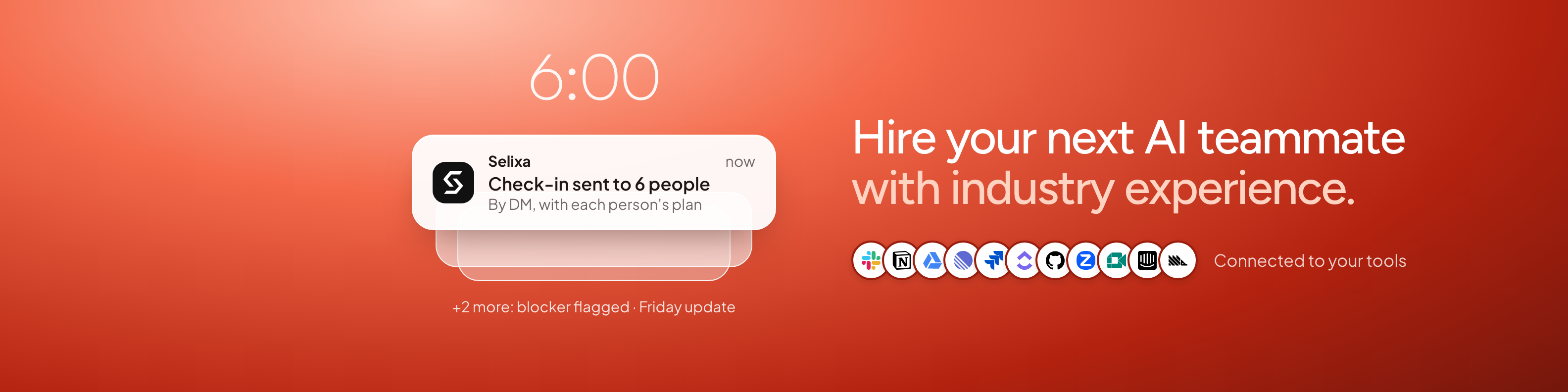 LinkedIn banner: Hire your next AI teammate with industry experience, connected to your tools, beside a Selixa check-in notification, dark
